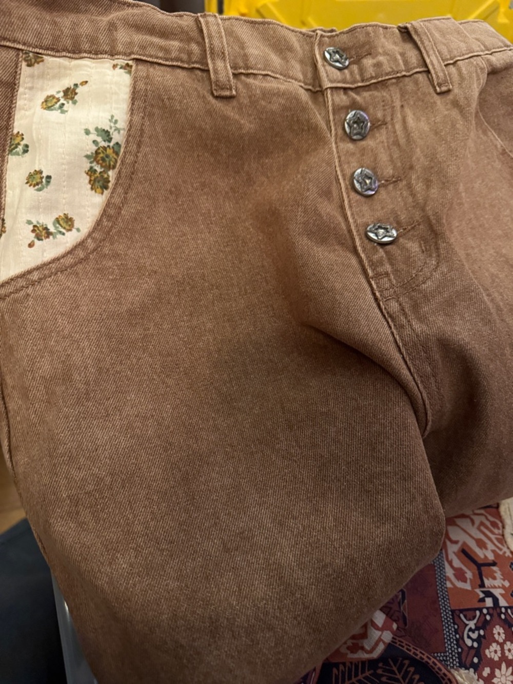 POL Brown Patchwork Wide-Leg Pants with Printed Patches - Picture 13 of 14